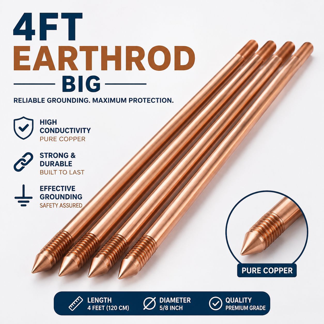 Copper Clad Earthing Electrode Rod 4/5 Ft 1PC Plus Earth ROD Clamps