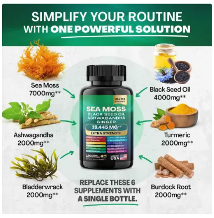 Sea Moss Capsules. Sea Moss+ Black Seed Oil + Ashwagwandha + Ginger Fusion for Gut Health Support, Relieve Constipation, Natural Thyroid Function, Joint & Muscle Relief, Radiant Hair, Skin & Nails