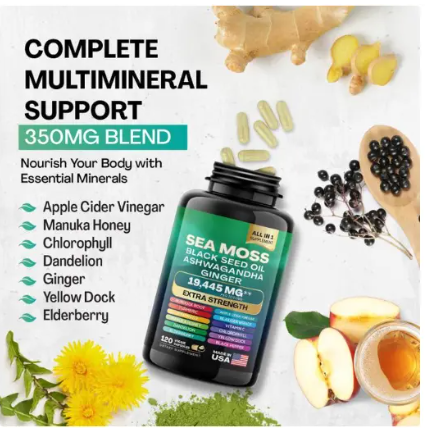 Sea Moss Capsules. Sea Moss+ Black Seed Oil + Ashwagwandha + Ginger Fusion for Gut Health Support, Relieve Constipation, Natural Thyroid Function, Joint & Muscle Relief, Radiant Hair, Skin & Nails