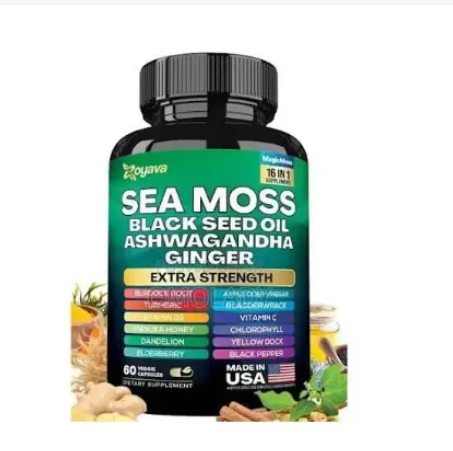 Sea Moss Capsules. Sea Moss+ Black Seed Oil + Ashwagwandha + Ginger Fusion for Gut Health Support, Relieve Constipation, Natural Thyroid Function, Joint & Muscle Relief, Radiant Hair, Skin & Nails