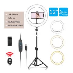 12 Inch Professional Big LED Ring Light 12W Dimmable Lighting with 3 Color Modes for Photo Shoot Video Shoot Live Stream Makeup Compatible with iPhone Android Phones and Cameras.Vlogging Kit+ Remote