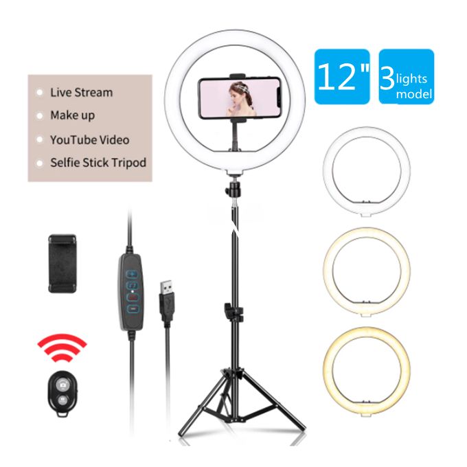 12 Inch Professional Big LED Ring Light 12W Dimmable Lighting with 3 Color Modes for Photo Shoot Video Shoot Live Stream Makeup Compatible with iPhone Android Phones and Cameras.Vlogging Kit+ Remote