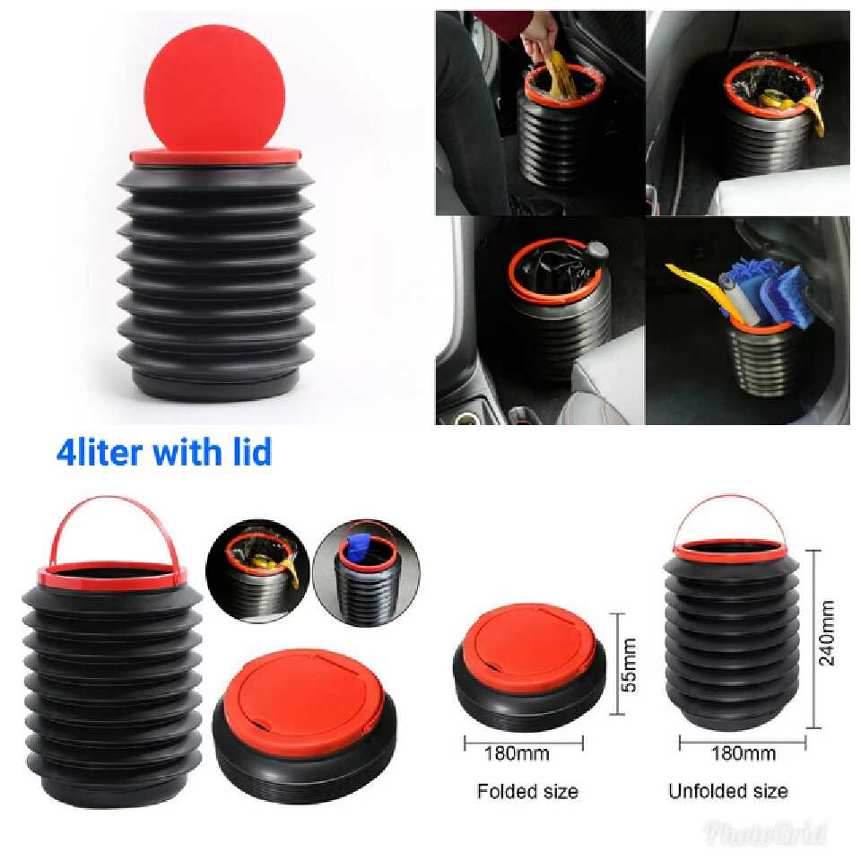 CAR DUSTBIN. 4L Car Folding Trash Collapsible Water Fishing Bucket Outdoor Camping Garbage Plastic Bucket Storage Box Container WITH LID Black