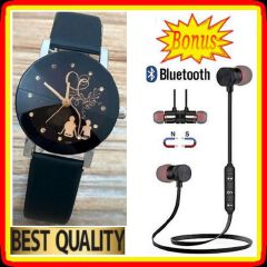 Fashion Female Classy Leather Wrist Watch For Ladies // Women //Wife + BT Earphones