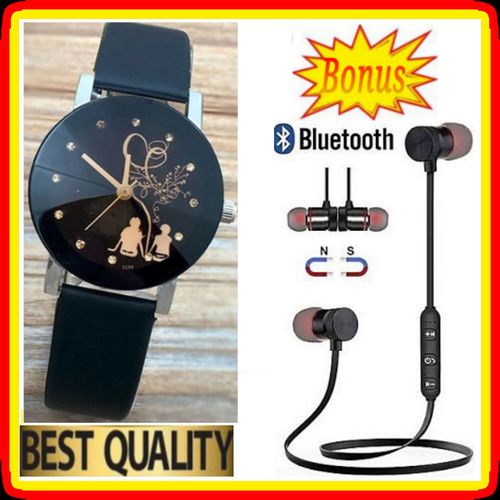 Fashion Female Classy Leather Wrist Watch For Ladies // Women //Wife + BT Earphones