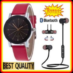 Fashion Classy Leather Wrist Watch For Ladies // Women //Wife // Girl + BT Earphones