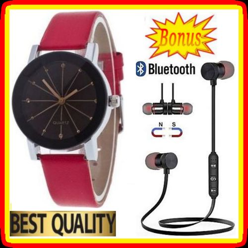 Fashion Classy Leather Wrist Watch For Ladies // Women //Wife // Girl + BT Earphones