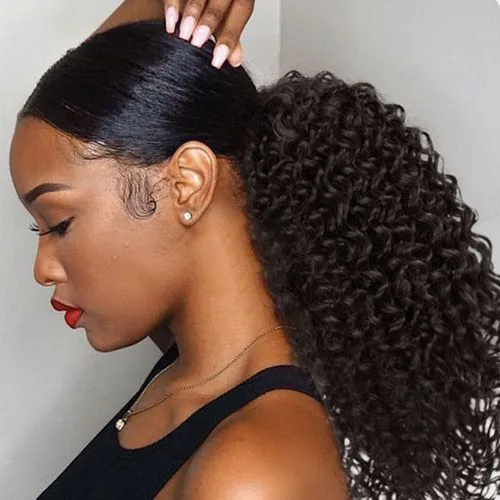 Fashion Kinky Human Hair Curly Black Ponytail Ladies Wigs 12Inches