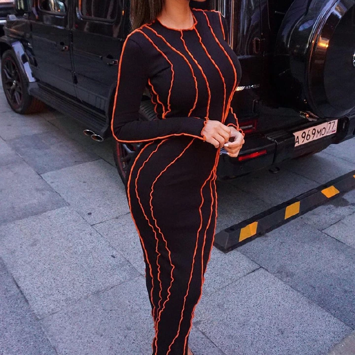Europe and America 2023 Autumn and Winter Hot Products New Small Pit Stripe Round Neck Reverse Car Side Dress Amazon Foreign Trade Wholesale Women's Wear