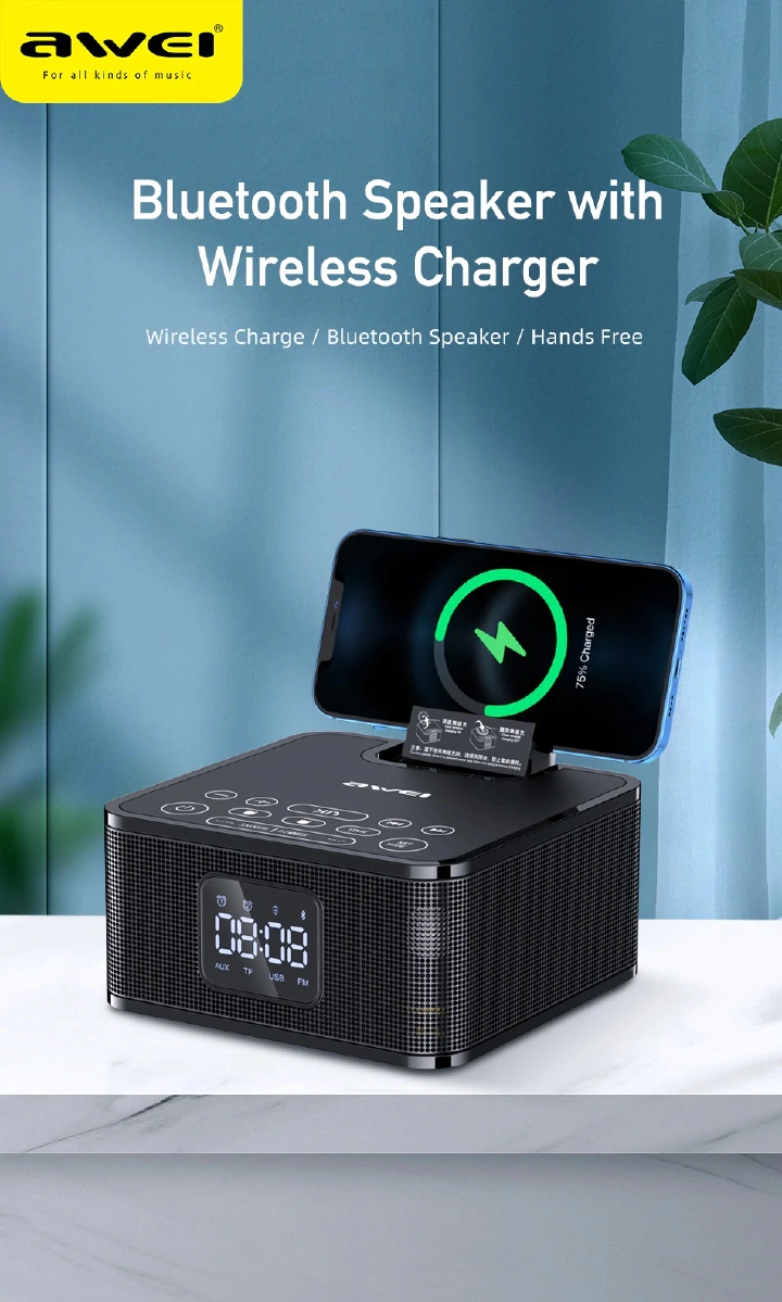 Awei Y332 Multi-function Bluetooth-compatible Speaker With FM Phone Wireless Charger Phone Holder 8000mAh