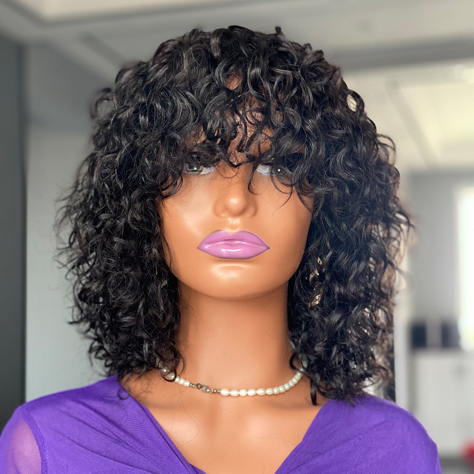Water Wave Fringe Human Hair Wigs with Bangs Natural Black Picture Length