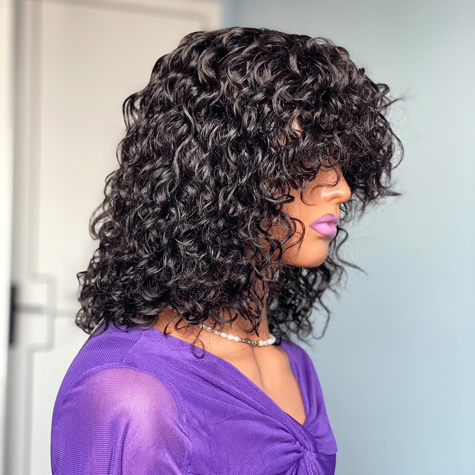 Water Wave Fringe Human Hair Wigs with Bangs Natural Black Picture Length