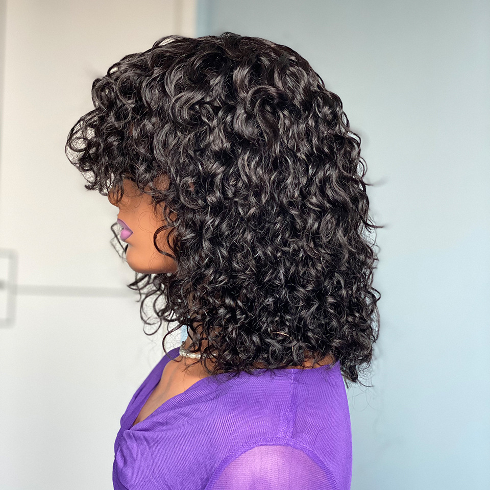 Water Wave Fringe Human Hair Wigs with Bangs Natural Black Picture Length