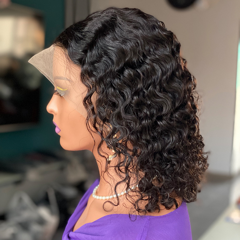 Water Wave Bob 13x4 Lace Frontal Human Hair Wig 180 Density Bob Wig Natural Black