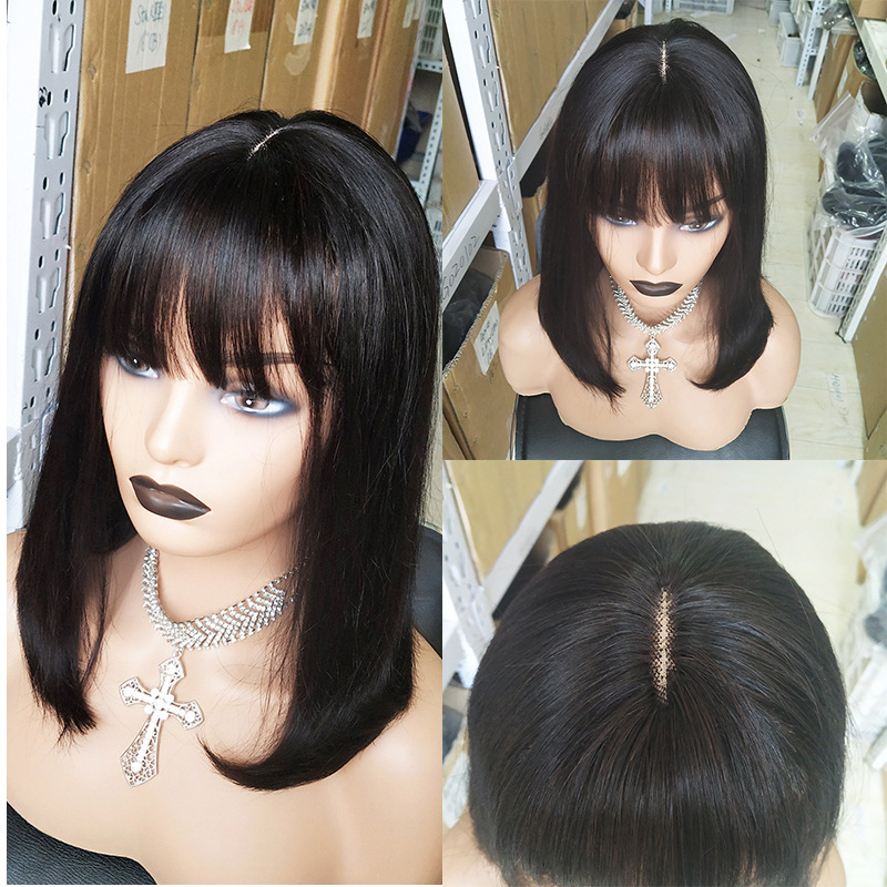 3x1 T Part Lace Middle Part Bob Wigs Fringe Wig 8inch-12inch Natural Black 12A  Straight Bangs Density 180 Promotion