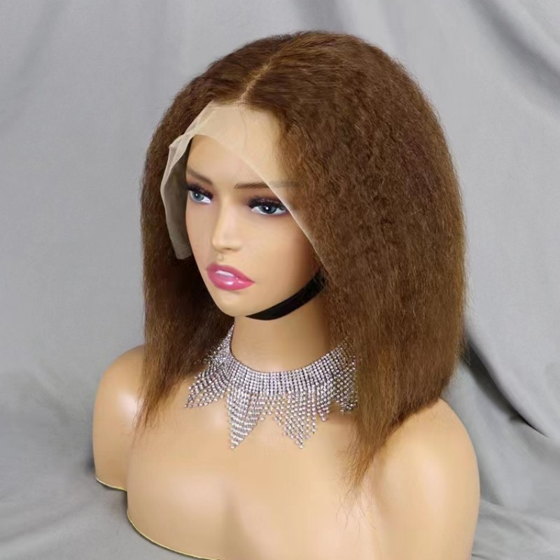 12A Kinky Straight Brown 4# Bob 13*4 Lace Wig Model Lenght as Picture