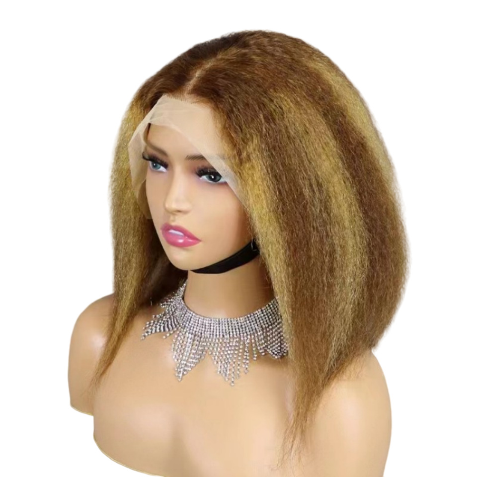 12A Kinky Straight Brown 4# Bob 13*4 Lace Wig Model Lenght as Picture