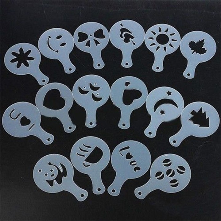16Pcs Coffee Milk Gift Cupcake Stencil Template Mold Coffee Barista Cappuccino Template