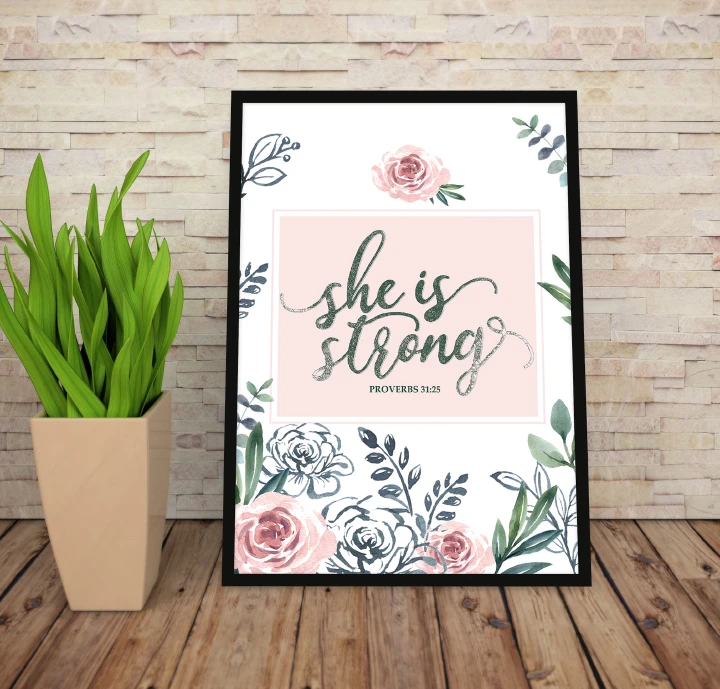 She Is Strong Inspirational Quotes for Women Deco Art Wall Decor for Room Painting Pictures Canvas Artwork for Bedroom Christmas Decorations Print Posters Aesthetic Modern Home Office Framed A3 Size
