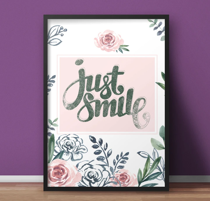 Inspirational Wall Art with Frame, Motivational Wall Decor Quote Just Smile Floral Qauote Art Print, Printed Poster Home Wall DecorSalon, Restaurant Decor Painting for Bedroom Bathroom Ready to Hang