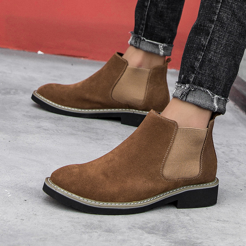 Fashion Men Chelsea Boots Pointed Leather Formal Business Shoes Slip-on Martin Ankle Boots Oxford