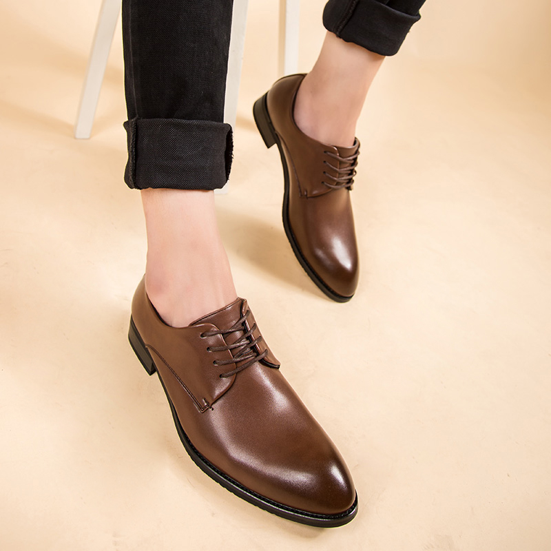 Men Pointed Leather Business Shoes Soft Leisure Formal Offical Shoes Oxford Lace-up British Flat Moccasins