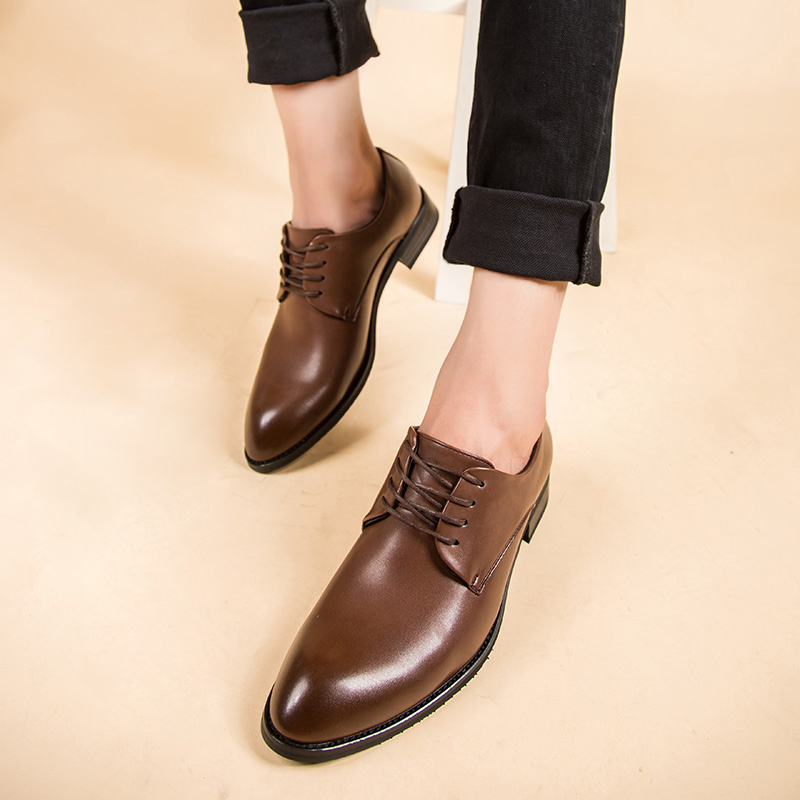 Men Pointed Leather Business Shoes Soft Leisure Formal Offical Shoes Oxford Lace-up British Flat Moccasins
