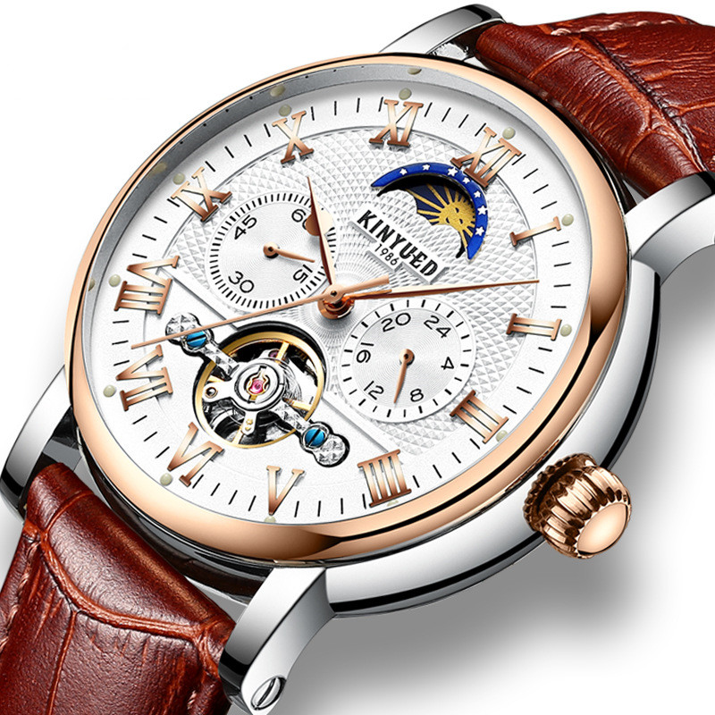 KINYUED Chronograph Men Automatic Watch Moon Phase Mechanical Skeleton Flying Tourbillon Watches