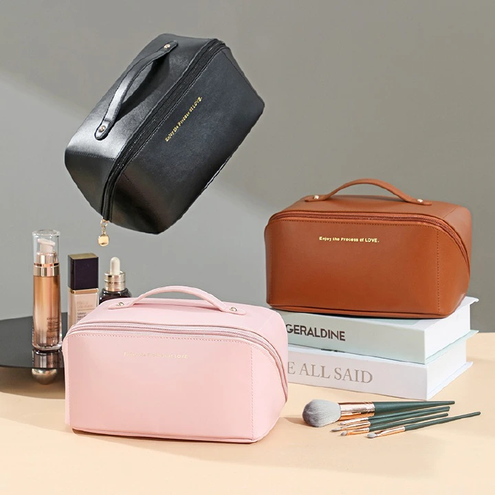 Large-Capacity Travel Cosmetic Bag Portable PU Makeup Bag/Box Pouch Women Waterproof Bathroom Washbag Multifunctional Toiletry Kit Storage Box