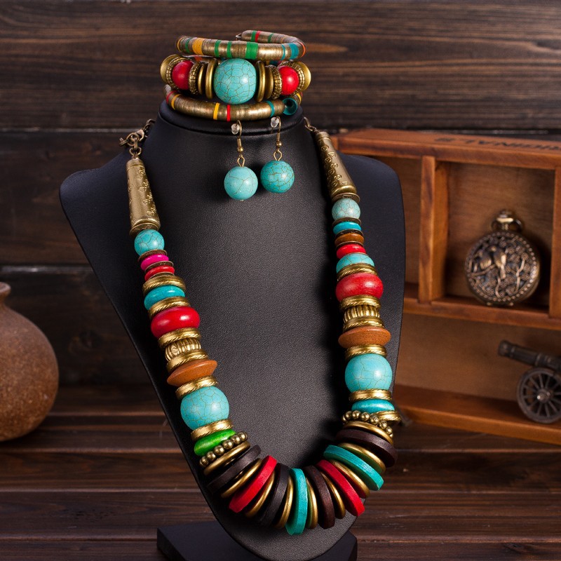 African Beads Jewelry Set with Turquoise Collar Statement Necklace, Ball Drop Earings &amp; Bracele