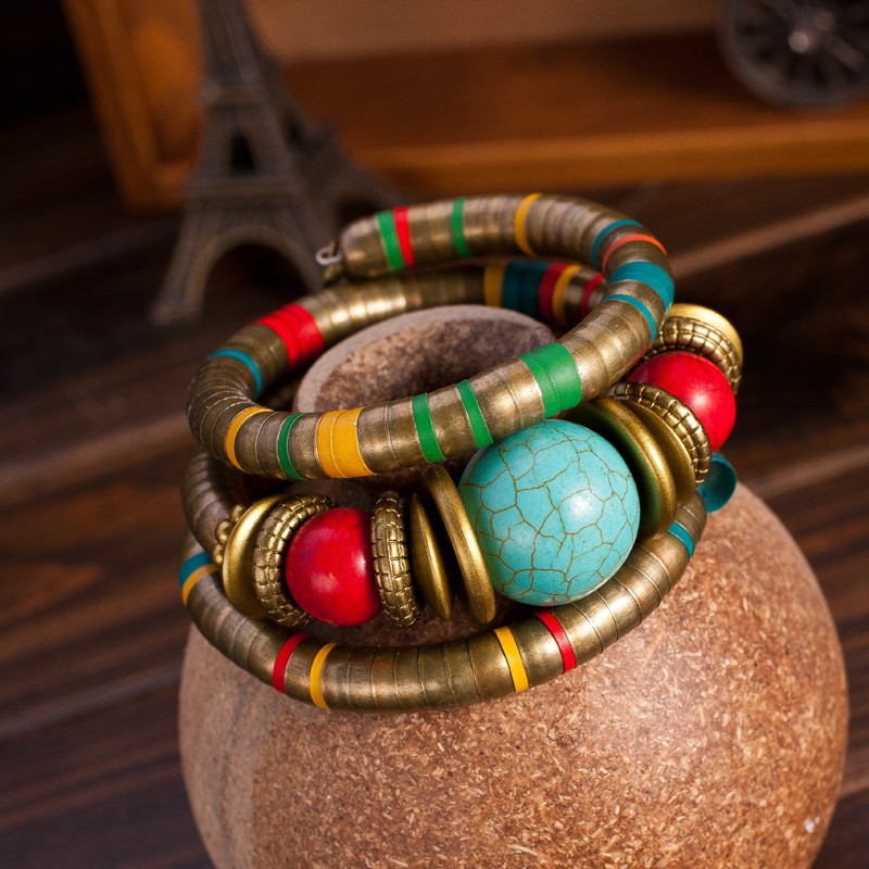 African Beads Jewelry Set with Turquoise Collar Statement Necklace, Ball Drop Earings &amp; Bracele