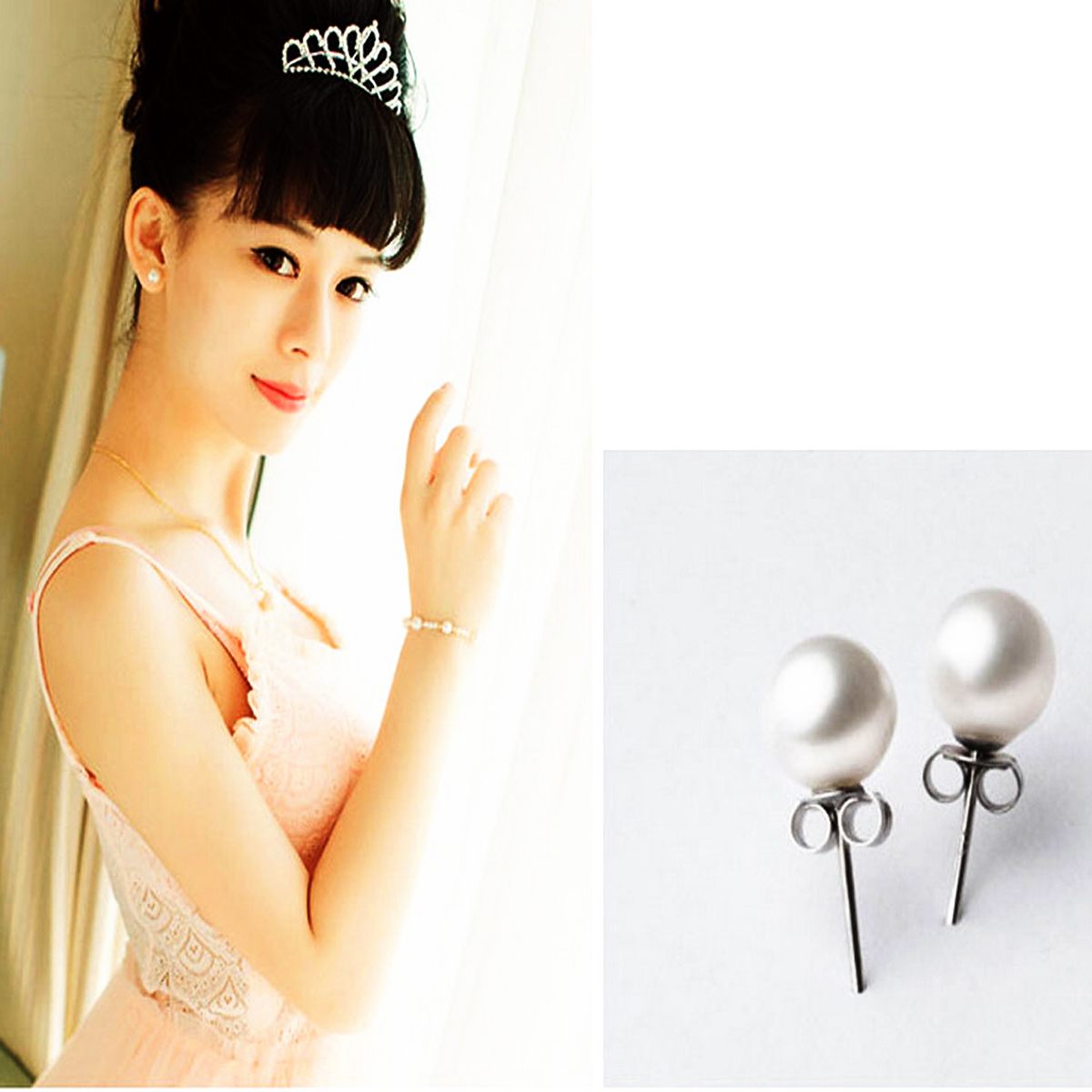 Women Fashion Cultured Freshwater Pearl Earrings White 925 Sterling Silver Stud
