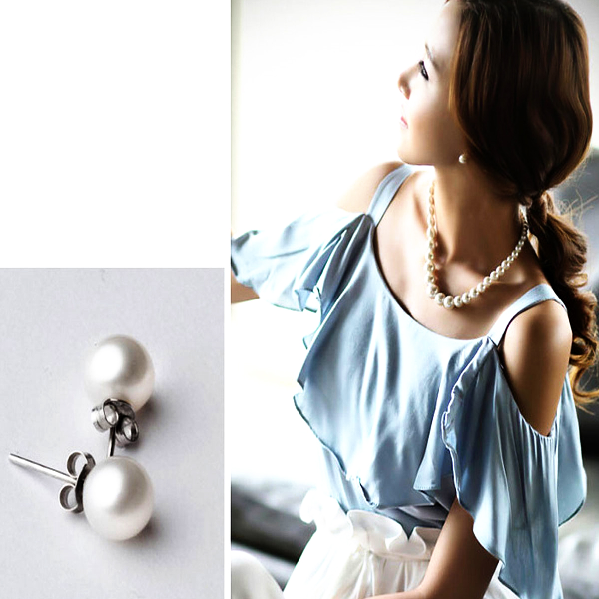 Women Fashion Cultured Freshwater Pearl Earrings White 925 Sterling Silver Stud
