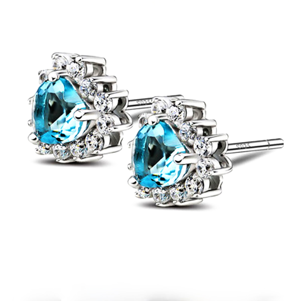 S925 Silver Stud Earrings Fashion for Women Blue Heart Rhinestone Cystal