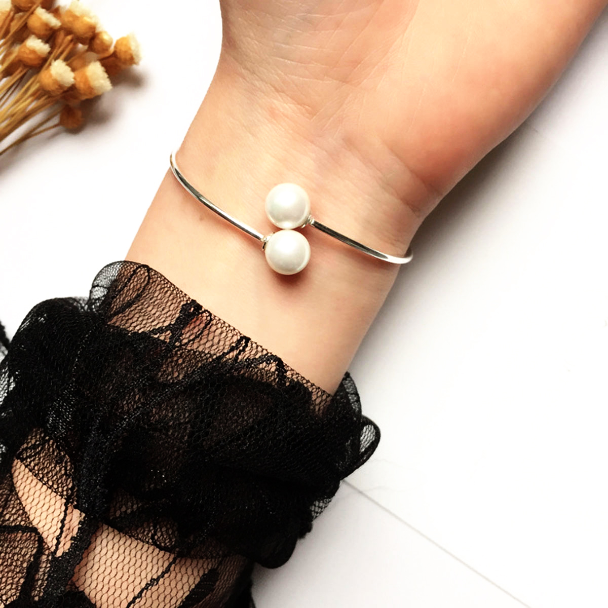 Charm Double Pearl Beads 925 Sterling Silver Bracelets Bangles Vintage Girl 925 Silver Bracelets
