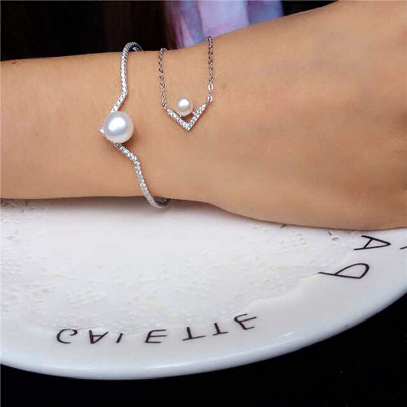Charm Full Diamond Bangles Pearl Jewelry Natural Freshwater Pearl  Sterling Silver Jewelry Bracelets
