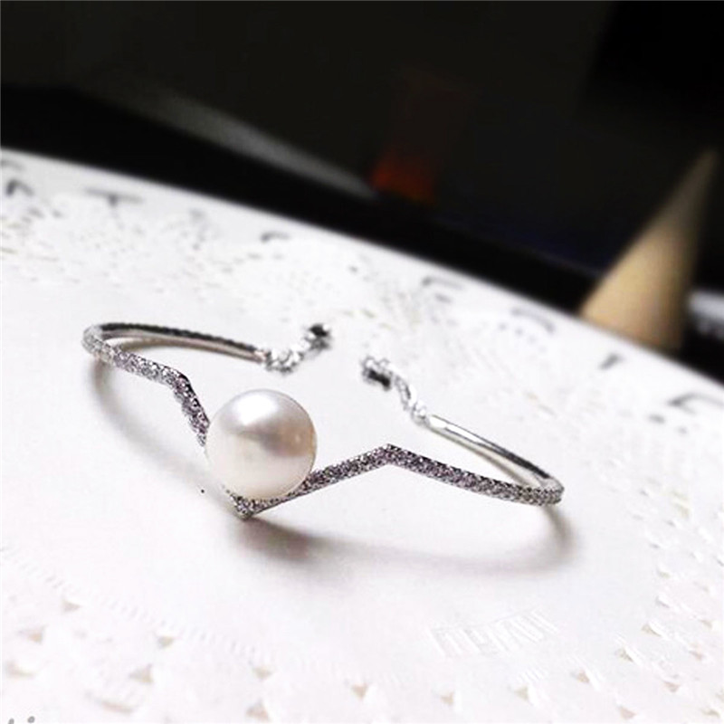 Charm Full Diamond Bangles Pearl Jewelry Natural Freshwater Pearl  Sterling Silver Jewelry Bracelets
