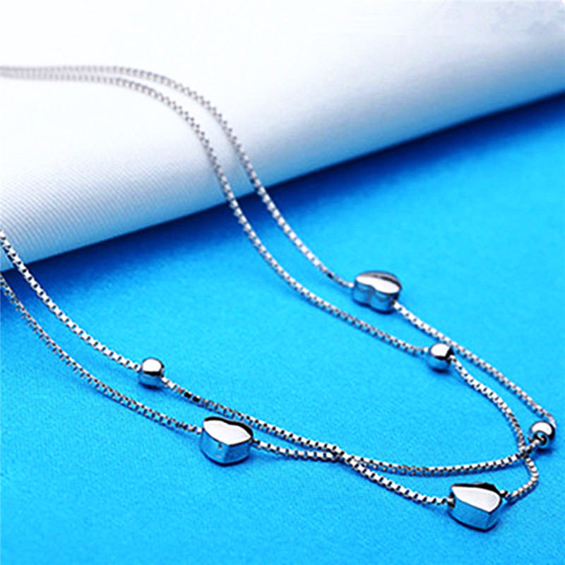 Women  Fashion Sterling silver Double Layer Chains Love Anklets Summer Barefoot  Foot Jewelry