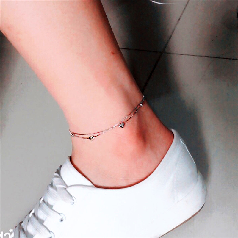 Women  Fashion Sterling silver Double Layer Chains Love Anklets Summer Barefoot  Foot Jewelry