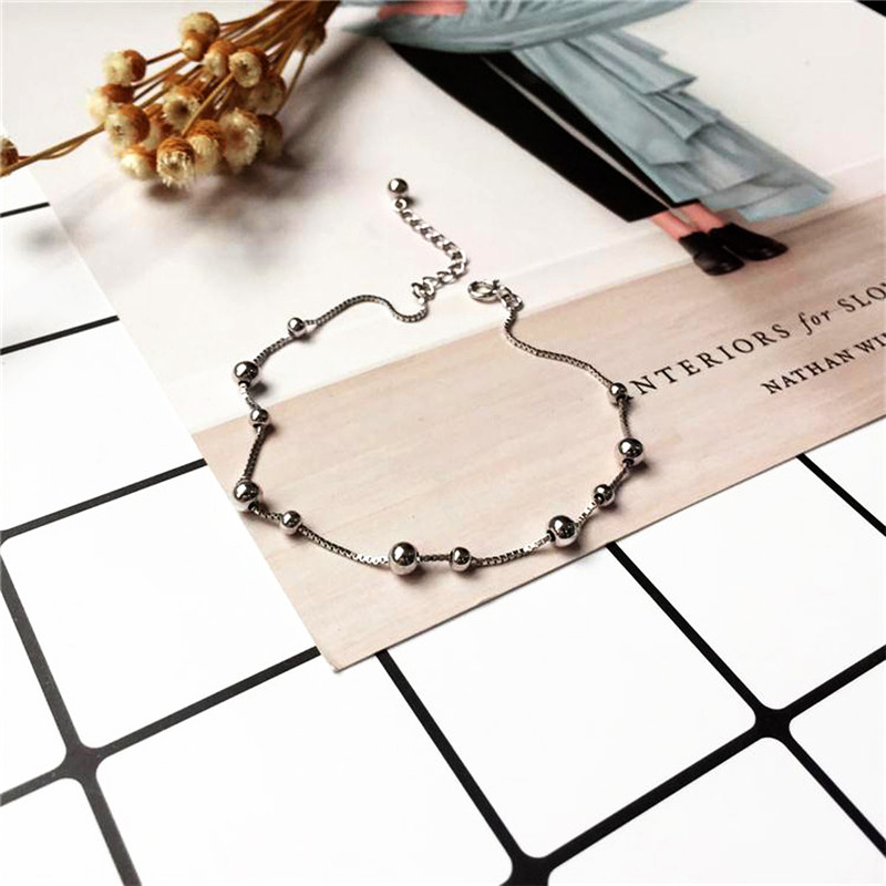 Women 925 Sterling Silver Anklets  Smooth Bead Rolo Chain Ankle  Bracelet