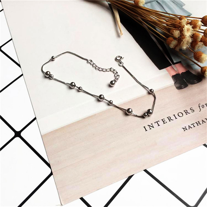 Women 925 Sterling Silver Anklets  Smooth Bead Rolo Chain Ankle  Bracelet