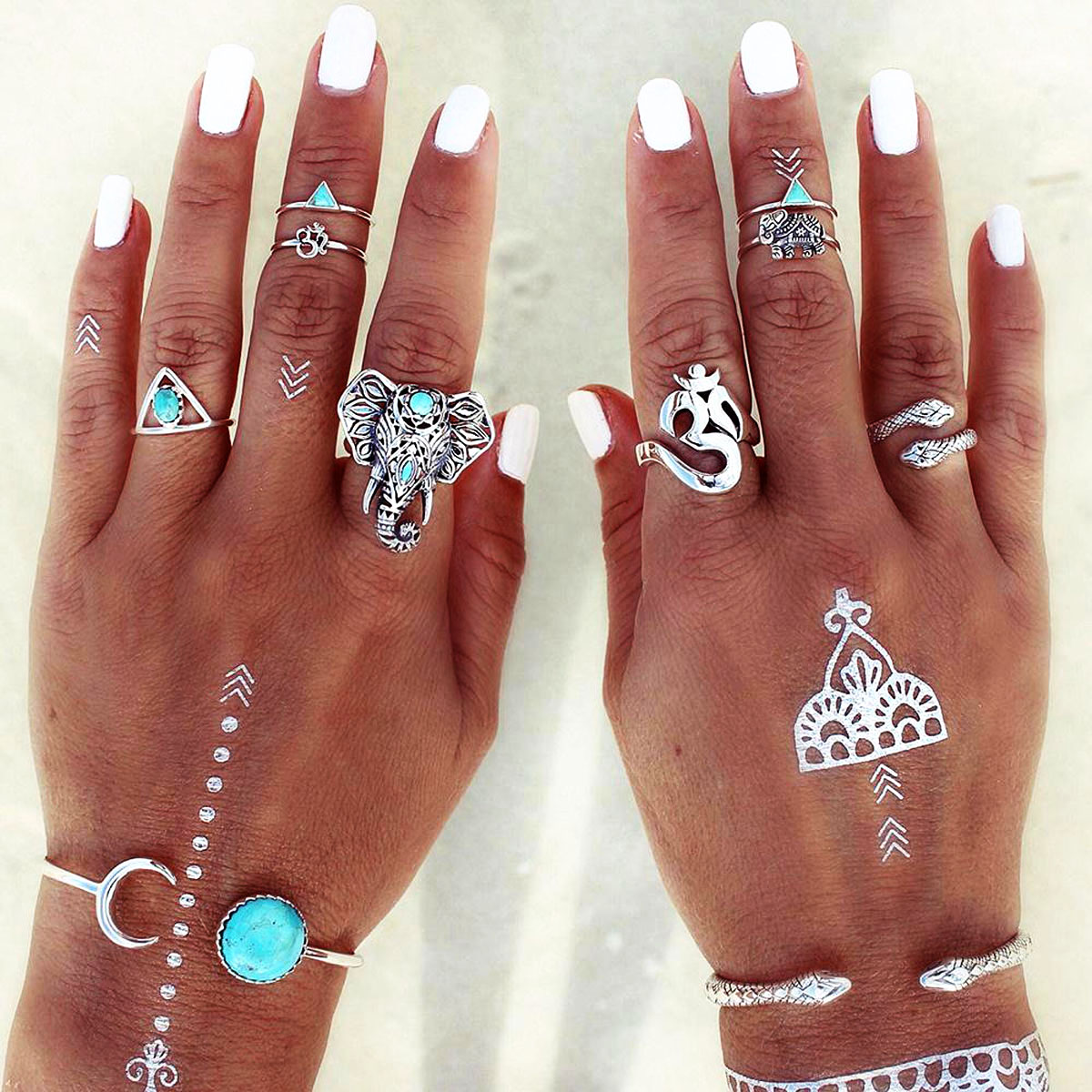 Vintage Elephant Snake Moon Text Turquoise Joint Knuckle Nail Ring Set
