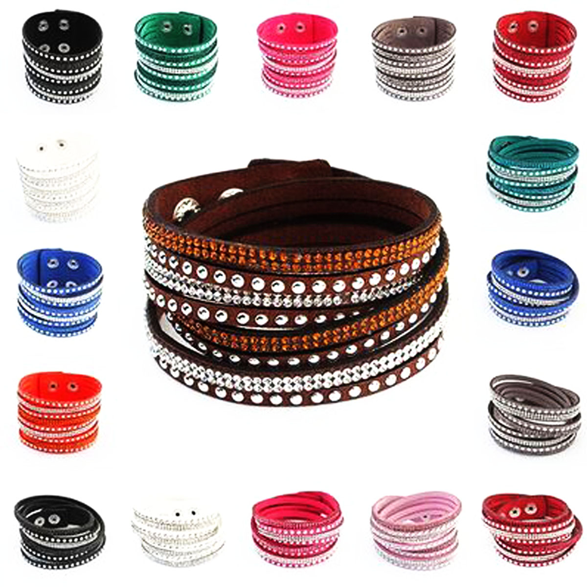 Women Leather Wrap Wristband Crystal Rhinestone Cuff Punk Bracelet Bangle