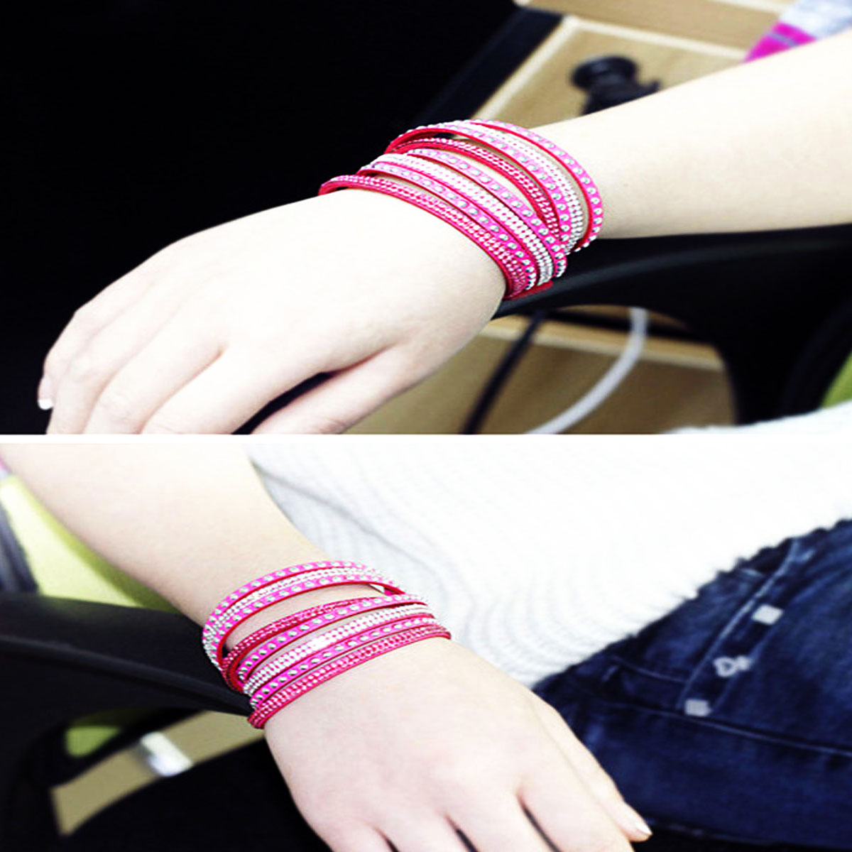 Women Leather Wrap Wristband Crystal Rhinestone Cuff Punk Bracelet Bangle