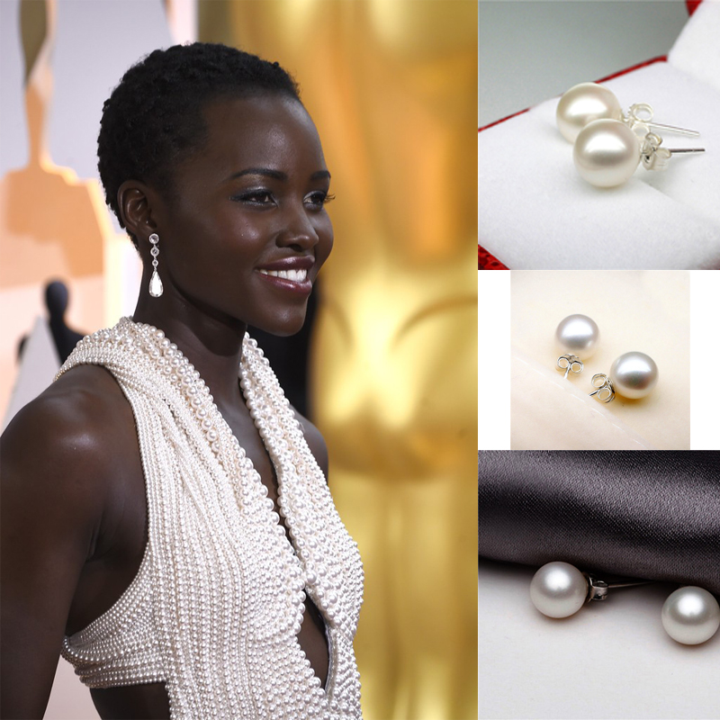 Women Fashion Cultured Freshwater Pearl Earrings White 925 Sterling Silver Stud