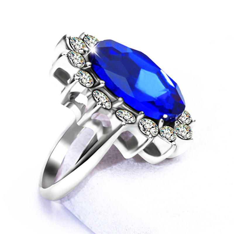 Silver Plated Rhodium Plated Simulated Blue Sapphire and Cubic Zirconia Halo Ring