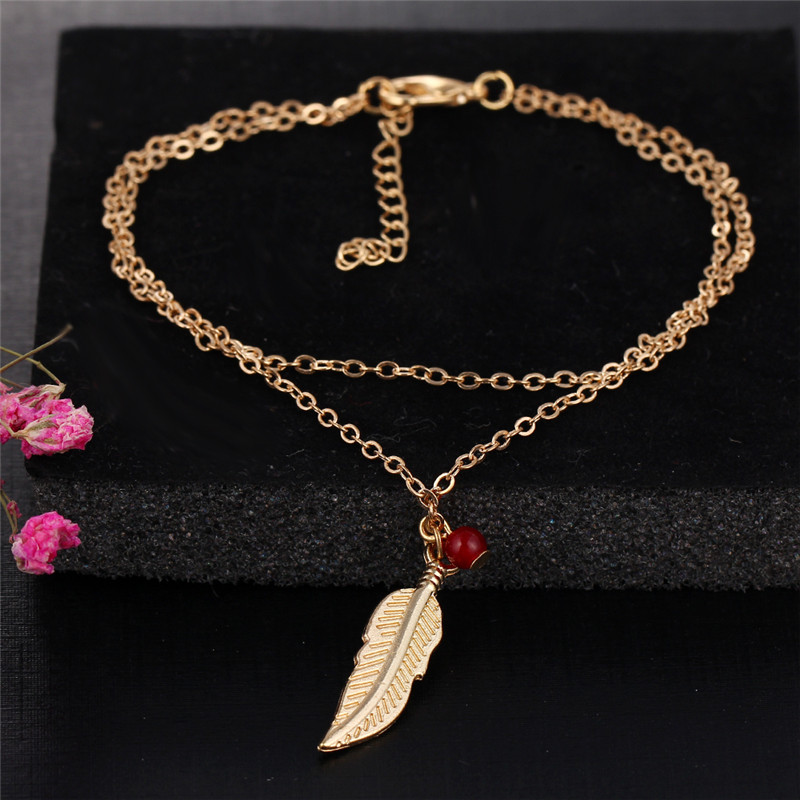 Double Layer Fashion Women Feathers Leaves Anklets Beads Bracelet Tassel Sandals Beach Foot Jewelry