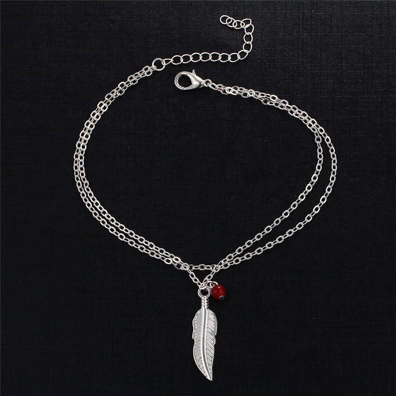 Double Layer Fashion Women Feathers Leaves Anklets Beads Bracelet Tassel Sandals Beach Foot Jewelry