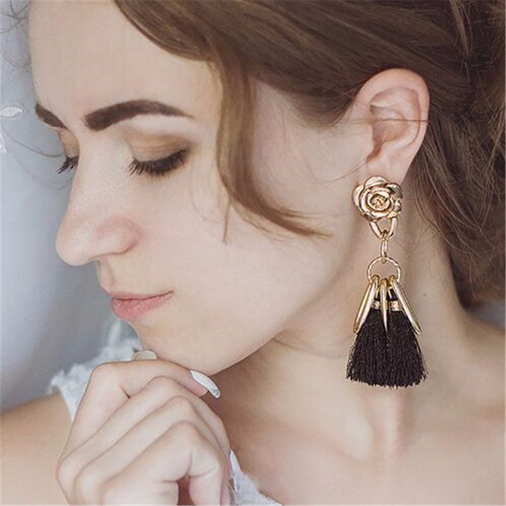Long Tassel Earrings for Women Gold Retro Flower Dangle Drop Earring Fashion Jewelry