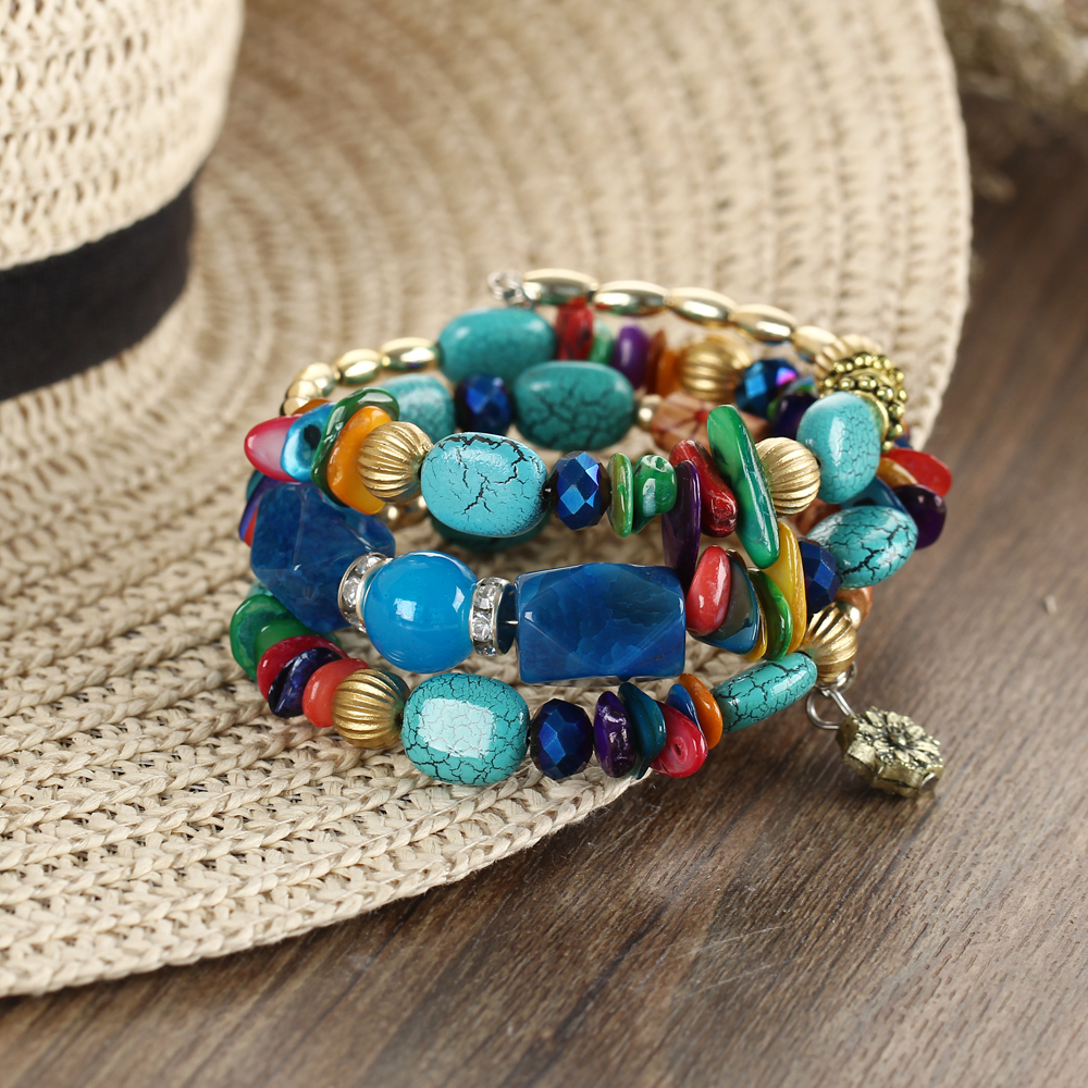 New Fashion Retro Colorful Artificial Gems Female Multilayer Bracelet Summer Dress Jewelry